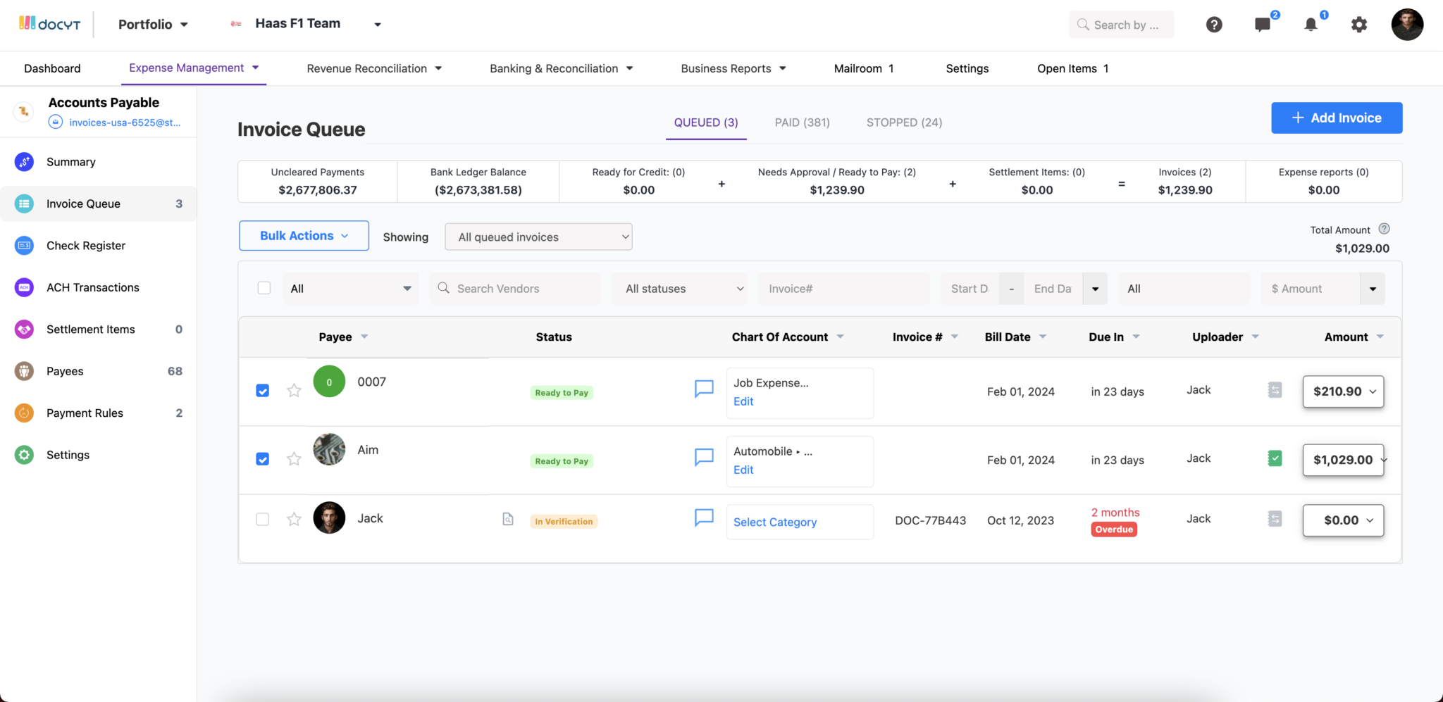 Docyt Invoice Queue - Bulk Updates